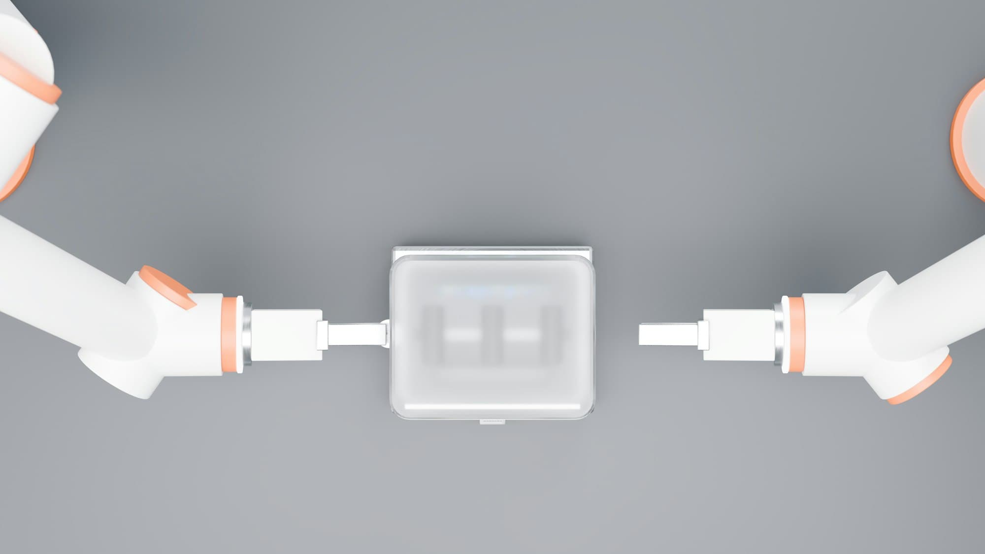 Two white robotic arms reaching toward a translucent box on a grey surface