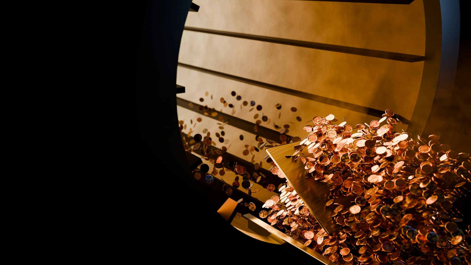 Coins spilling from a circular vault door in warm light
