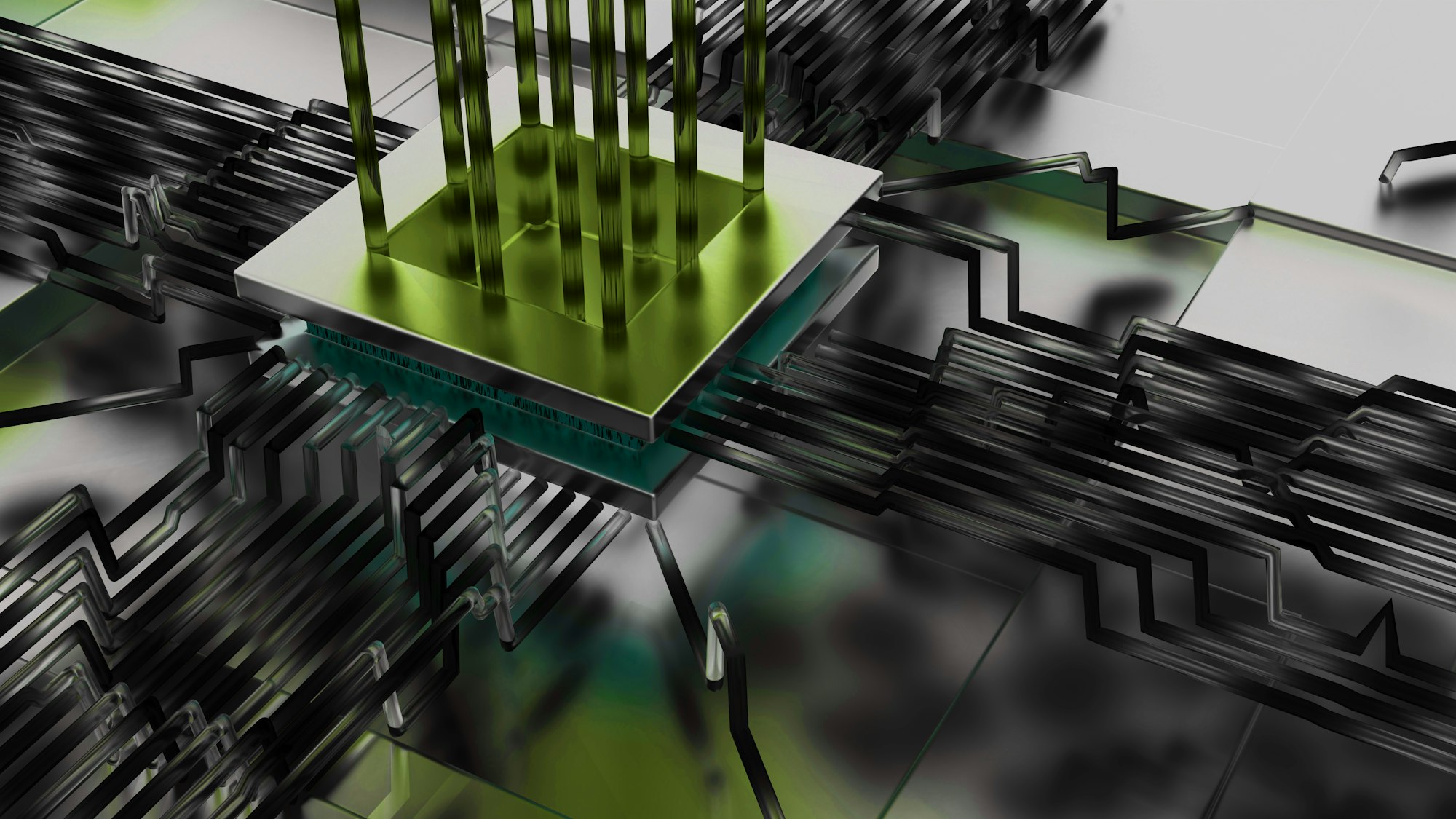 A 3D-rendered computer chip on a circuit board with metallic pins