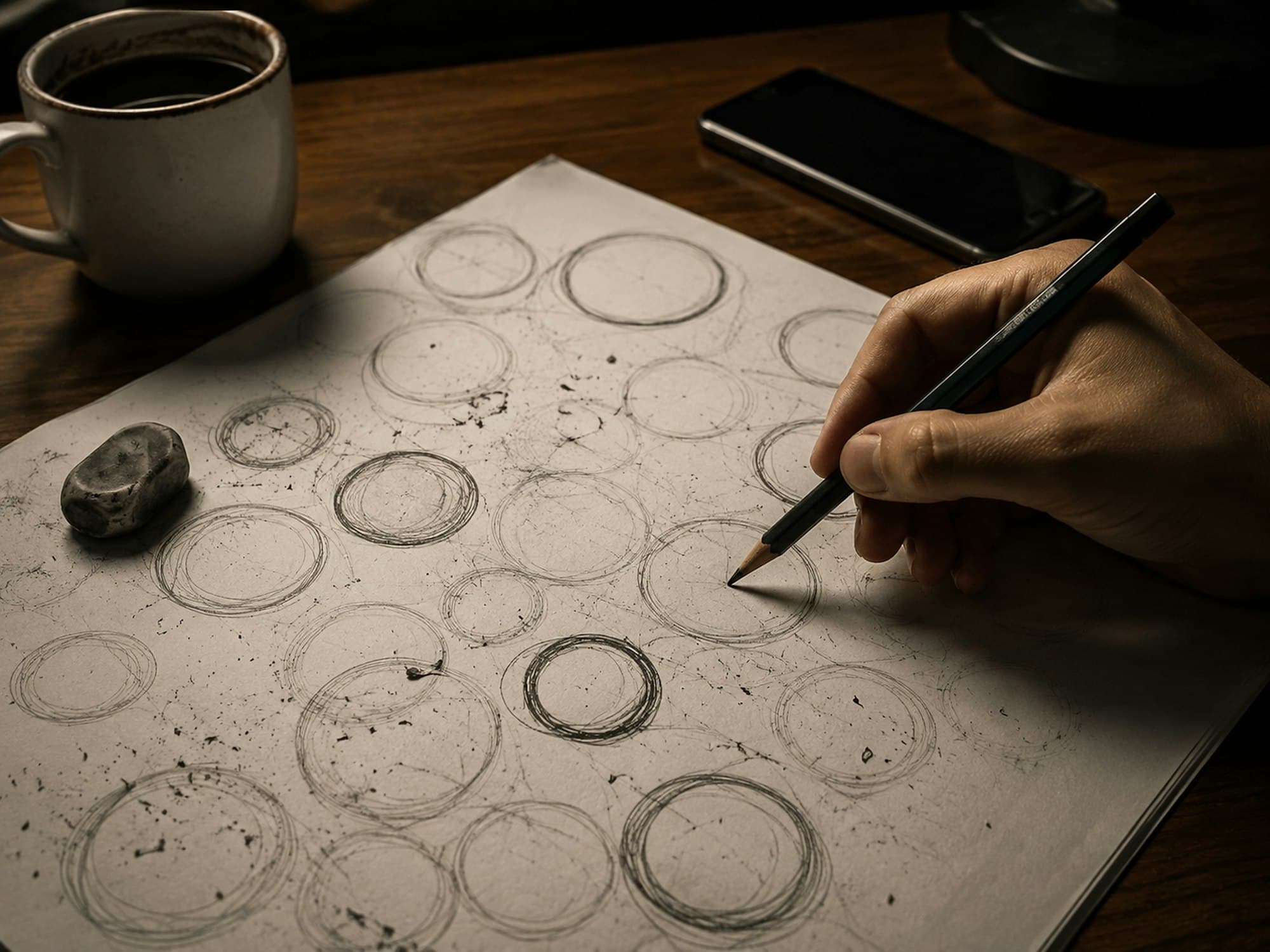 A hand sketching circles on paper beside a mug of coffee on a dark wooden desk