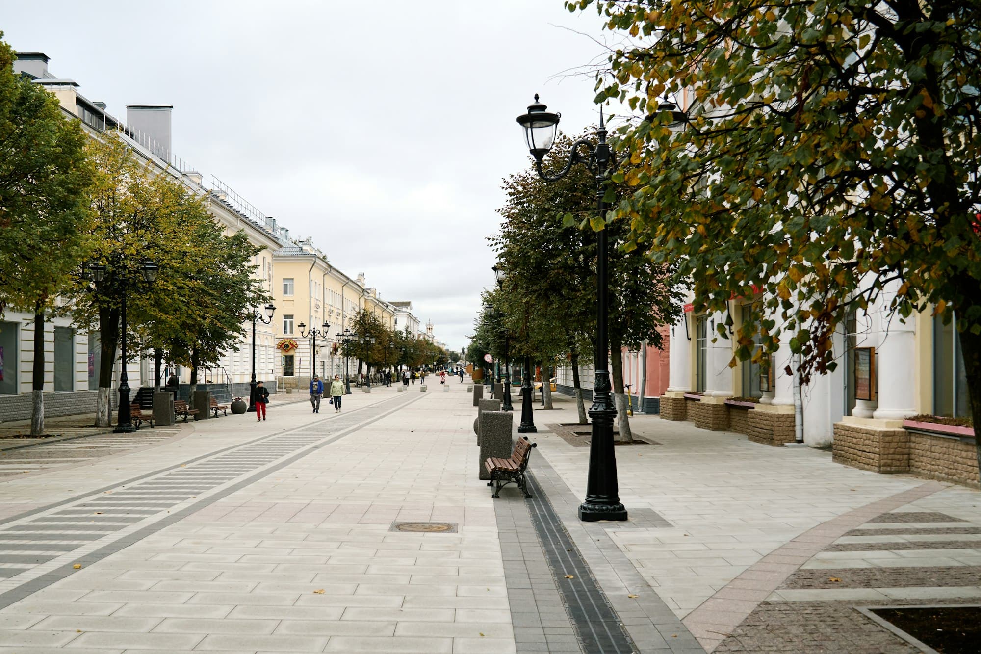 A wide pedestrian street lined with trees, benches and ornate street lamps