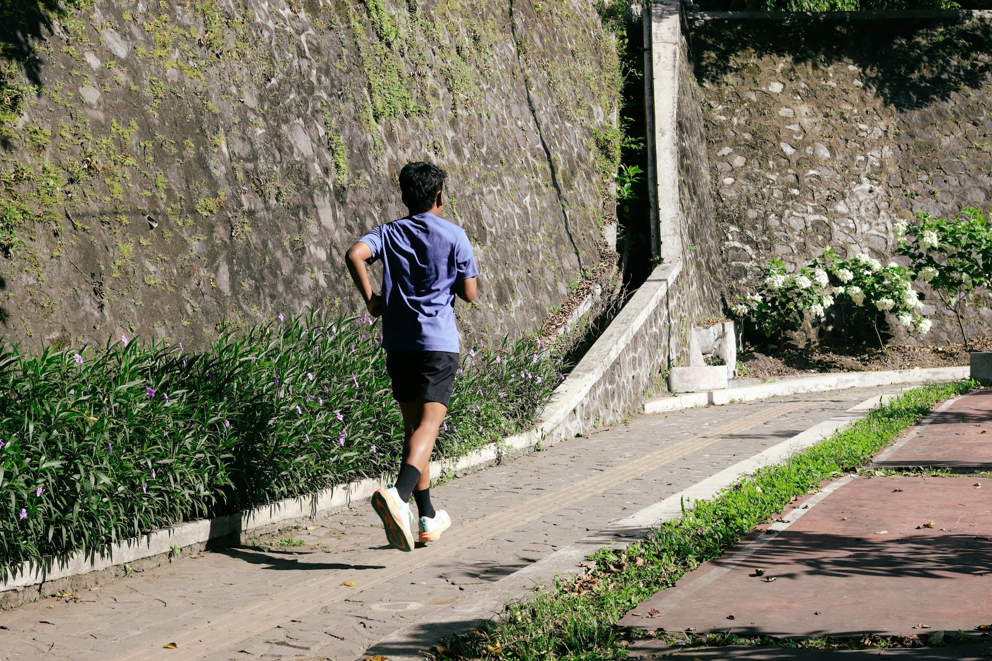 A runner seen from behind on a paved path beside a green stone wall