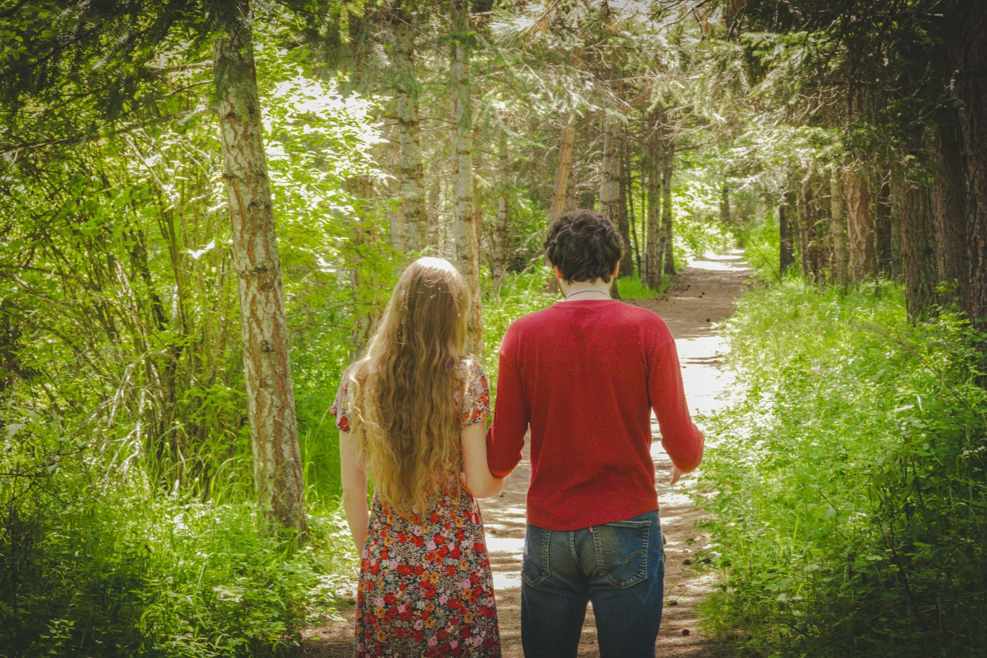A couple walking hand in hand along a sunlit forest path, seen from behind