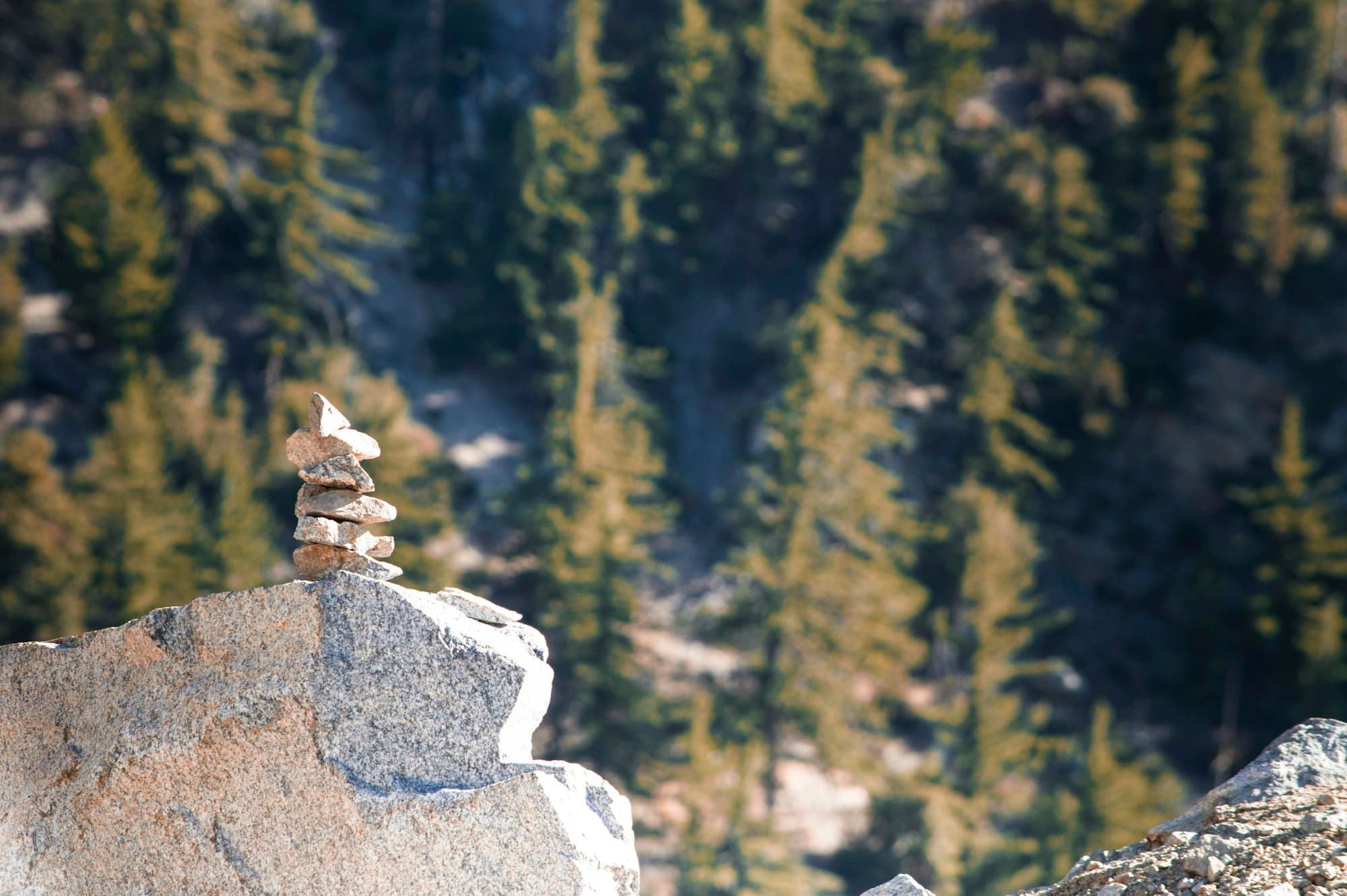 A small stack of balanced stones on a large rock overlooking pine trees