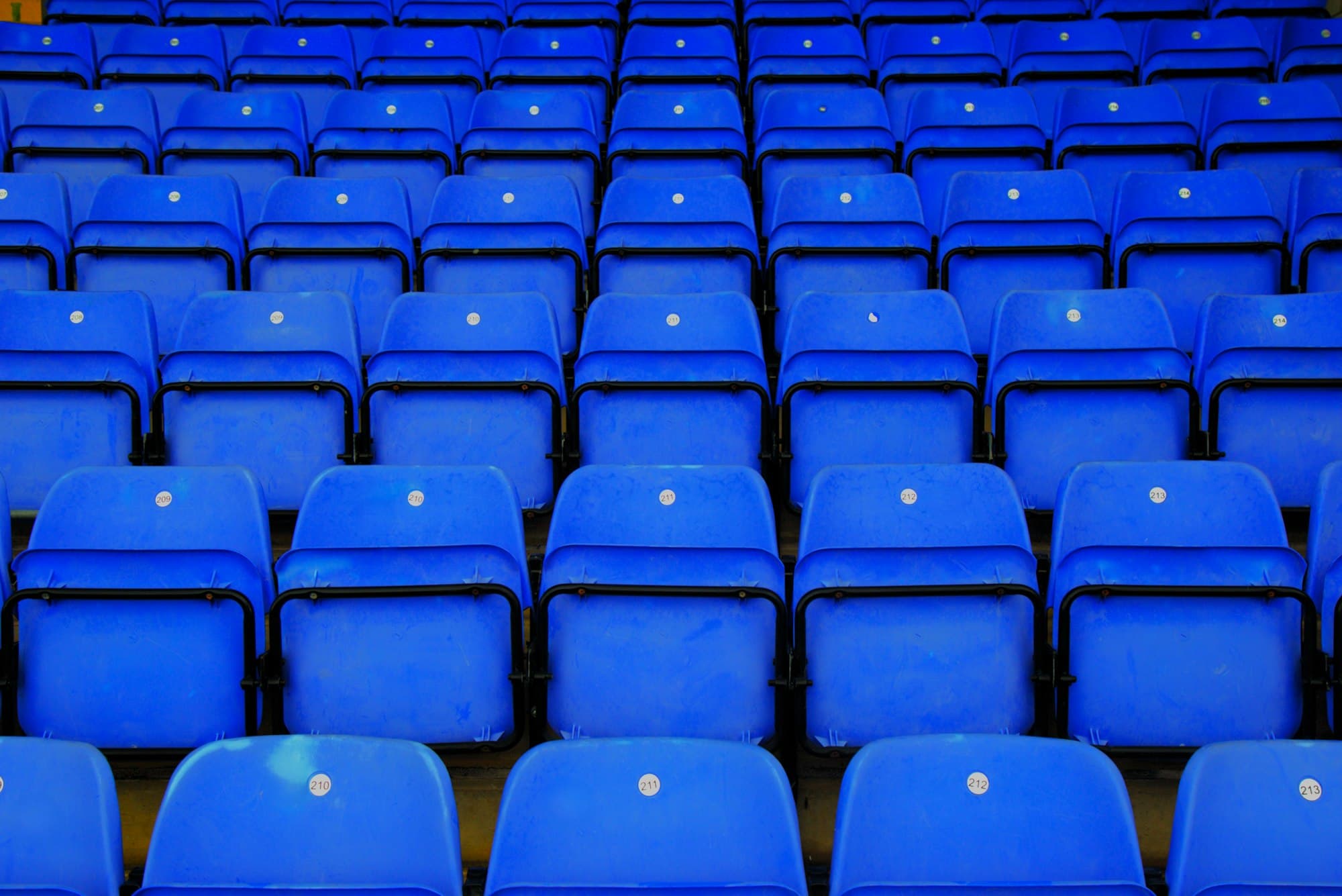 Rows of empty blue stadium seats