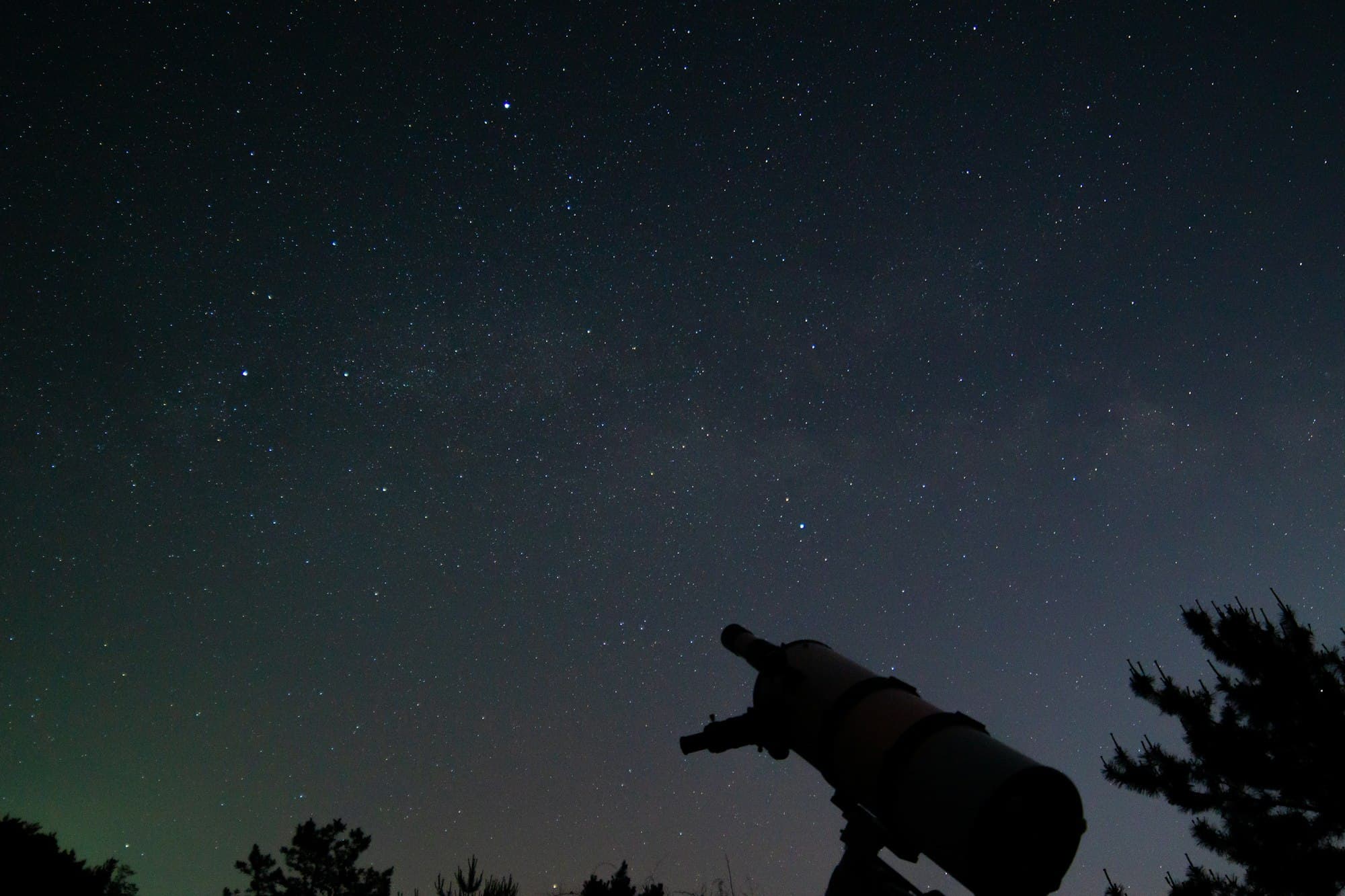 A telescope pointing up at a starry night sky framed by dark trees