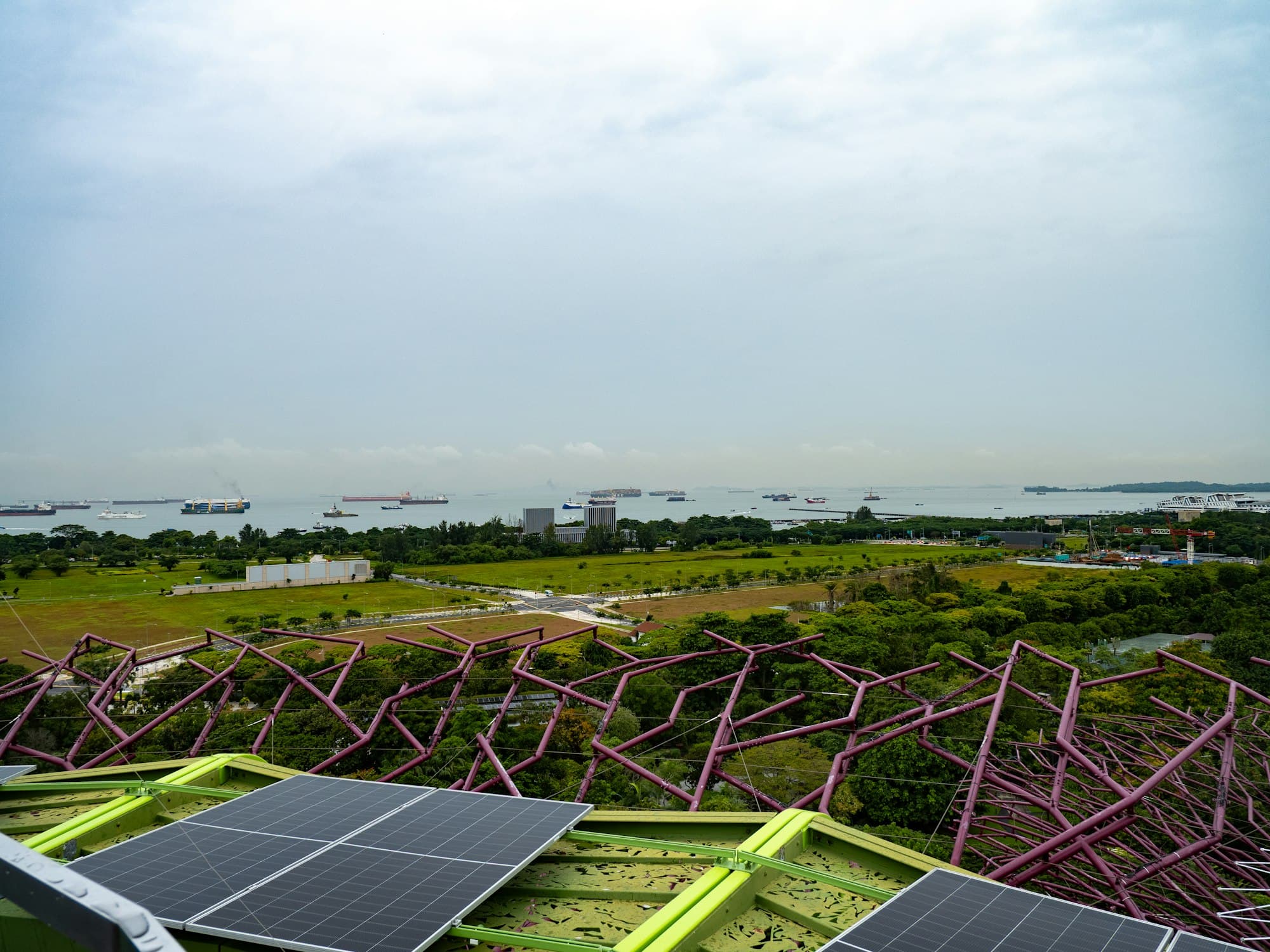 Solar panels on a green roof overlooking a coastal park and the sea
