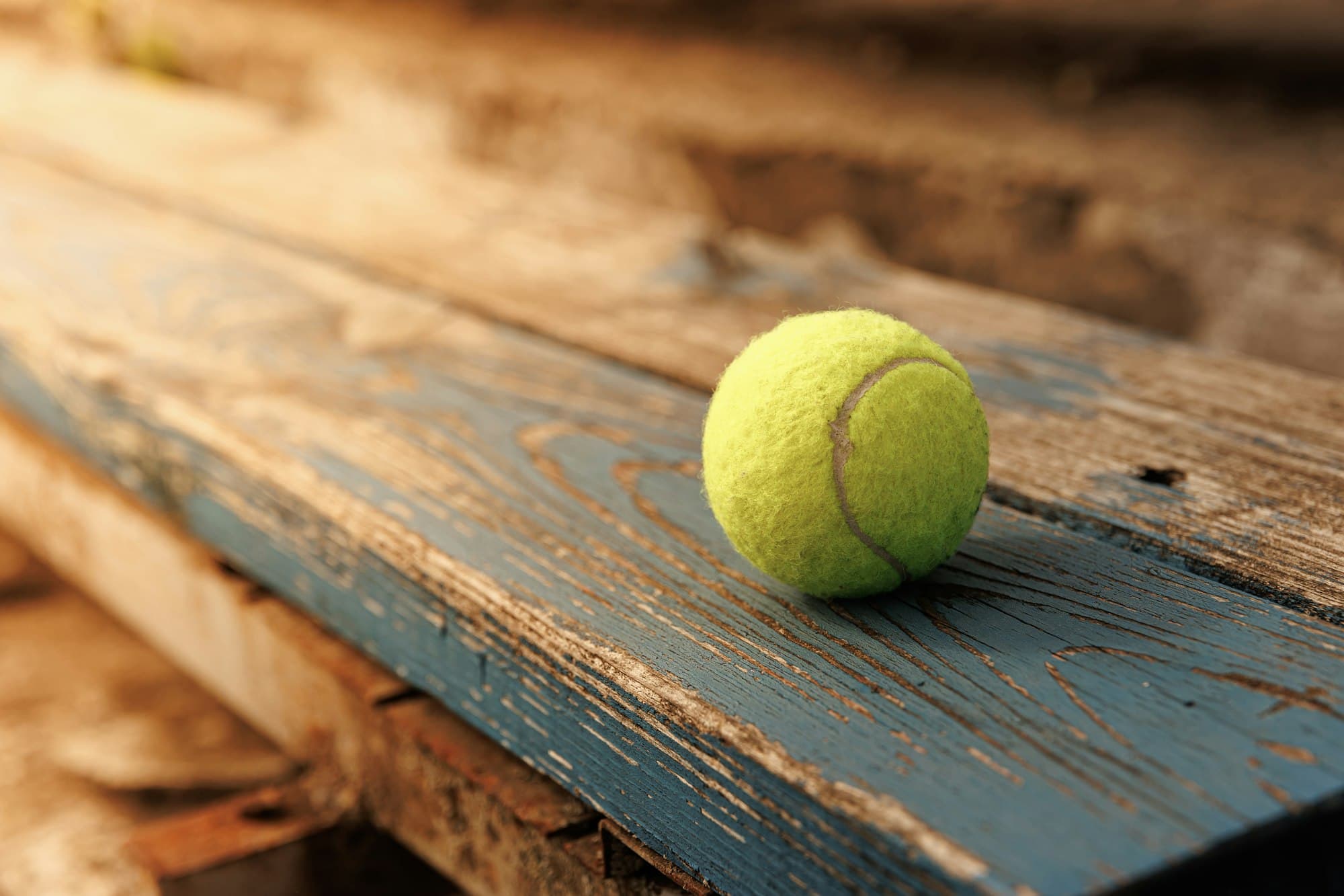A yellow tennis ball on a weathered blue wooden bench in warm light