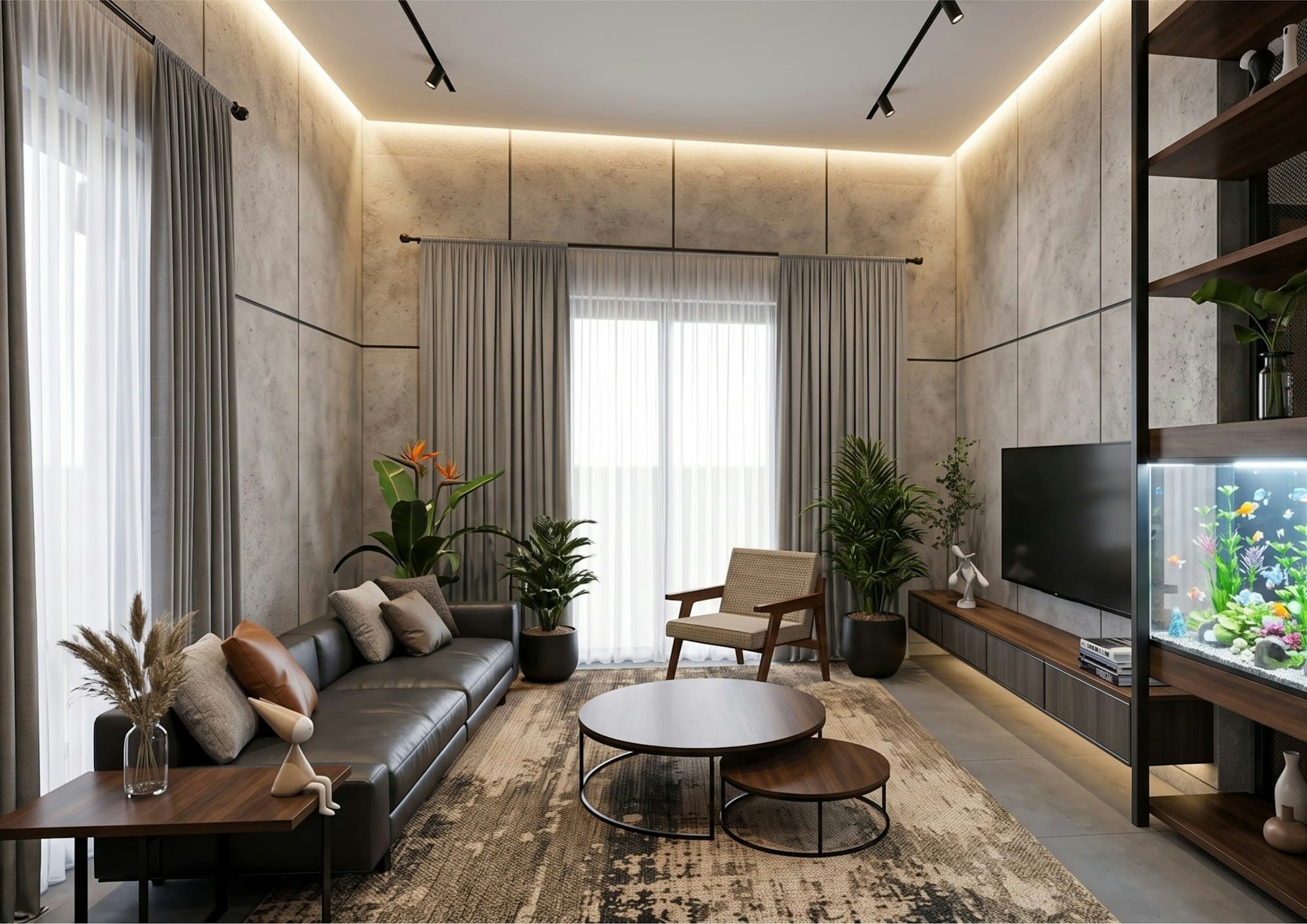 A modern living room with a leather sofa, a wall-mounted television and an aquarium
