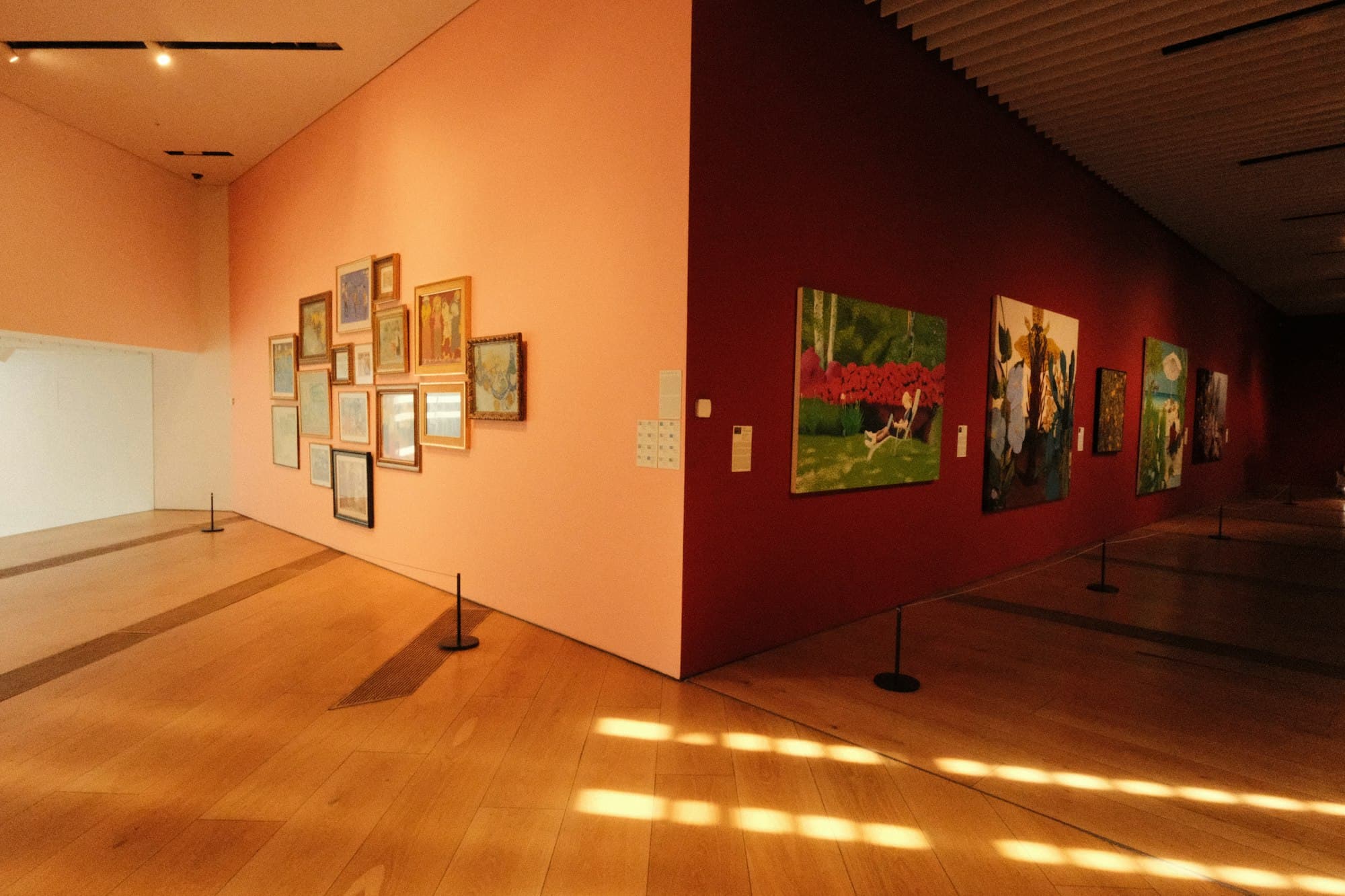 Paintings displayed on peach and dark red walls in a modern art gallery